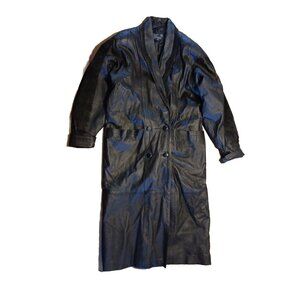 VINTAGE Marco Morani Leather Jacket Womens M Black Trench Long Coat Button Front